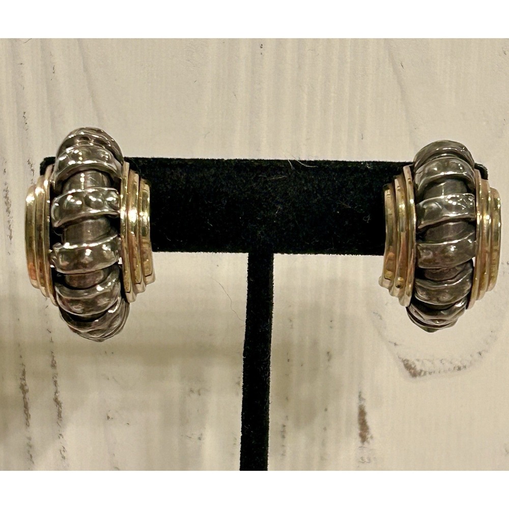 Alwand Vahan 14K Yellow Gold and Sterling Silver Omega Ridged Earrings Domed